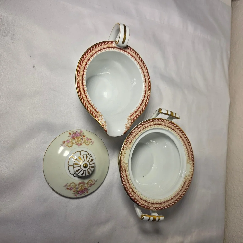 Noritake Vintage Floral Sugar Bowl and Creamer Set Gold Trim Made in Japan